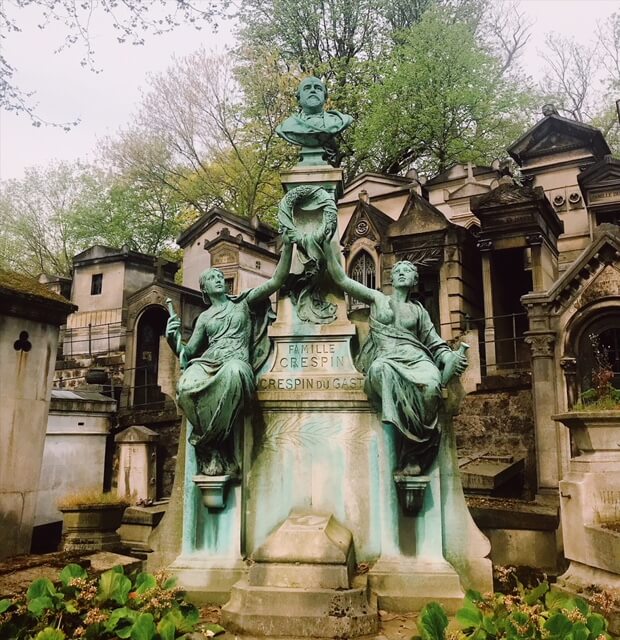 Elaborate grave with a statue of two women holding up a wreath #Notre Dame Before The Fire