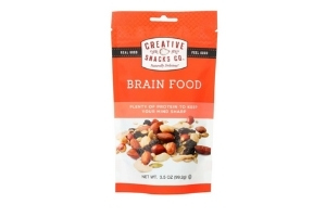 MIXED nuts snack in a pouch labeled BRAIN FOOD