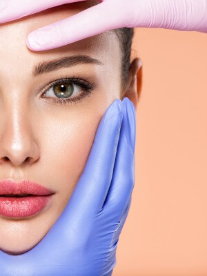 beautiful young woman's face being gripped by two hands in surgical gloves