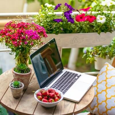 laptop on porch with flowers and strawberries