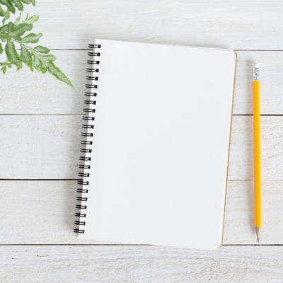 notebook, pencil, fern