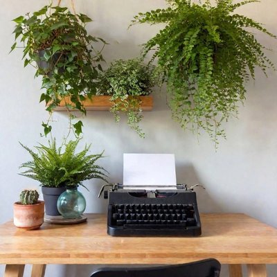typewriter, houseplants, wood desk