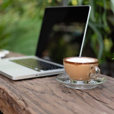 laptop, coffee, outdoors