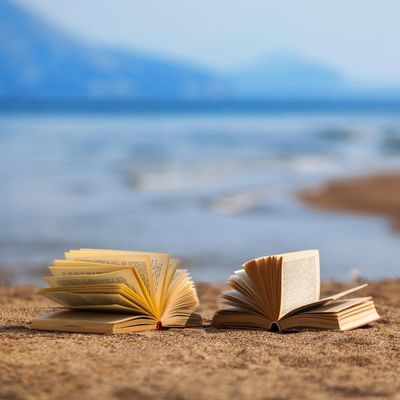 two books on sandy beach