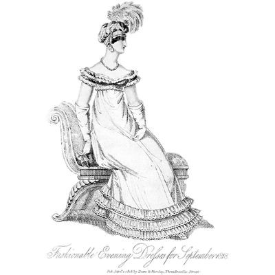 fashion plate 1818, showing a woman in a Regency period gown. She has a long neck and sloping shoulders.
