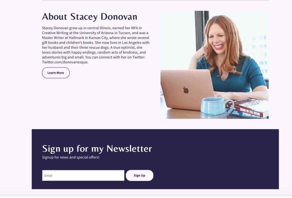 about stacey donovan page plus newsletter signup from tertulia author website builder