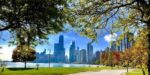 Chicago skyline, lake, and trees