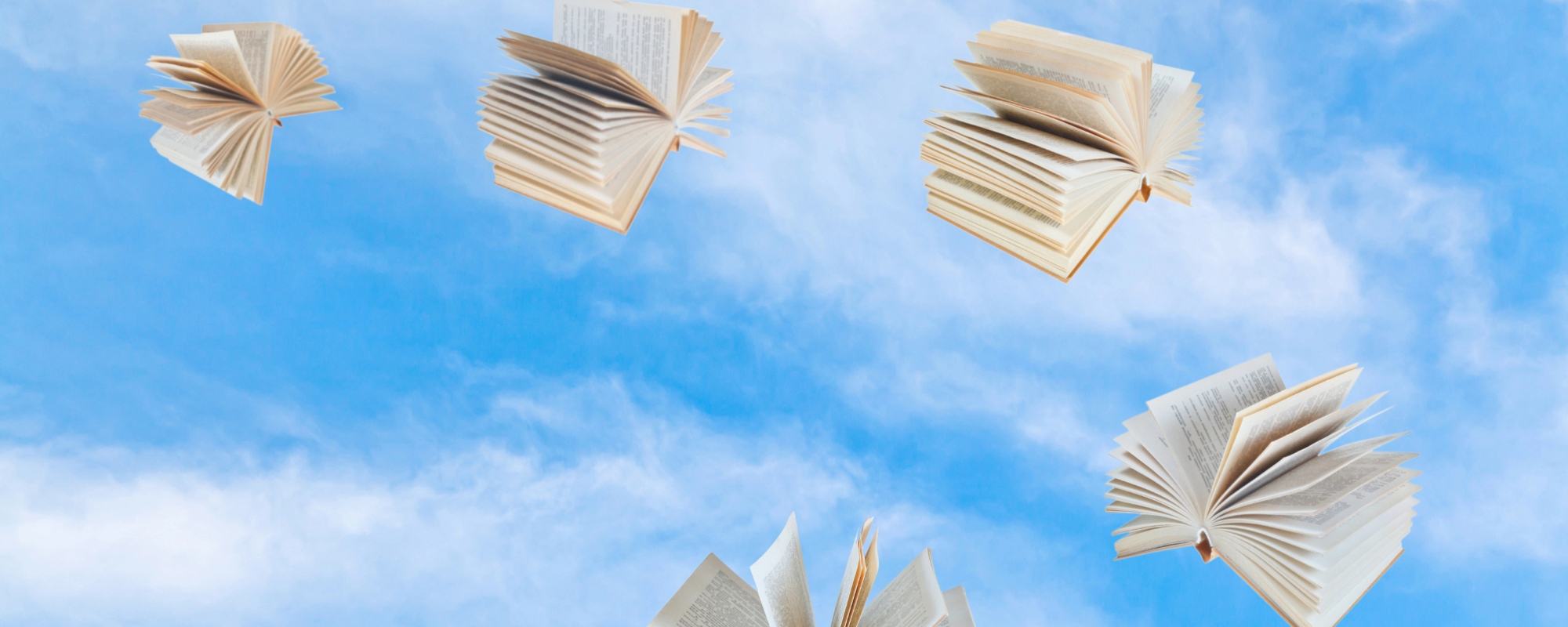 books flying like birds in a blue sky