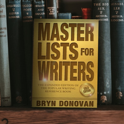 Master Lists for Writers Gold Edition, one of the best books for writers, sitting on a shelf with other books