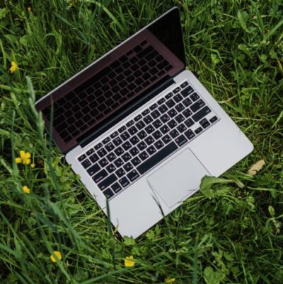 laptop amid grass and flowers - writing dialogue