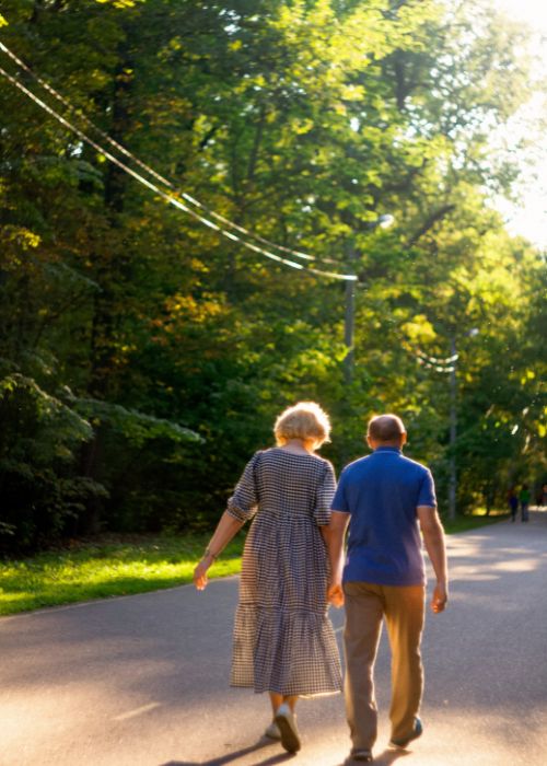 a man and woman in their70s or 80s walking outdoors and probably talking - writing dialogue