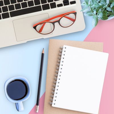 notebook, glasses, coffee
