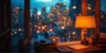 city lights outside window, writing desk - plot twist ideas